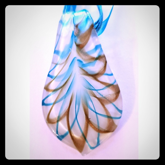 Handcrafted Blue & Gold on a White Murano Glass Pendant Necklace - Picture 2 of 6